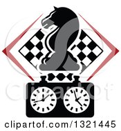 Poster, Art Print Of Chess Knight Horse Head Piece Over A Timer And Checker Board