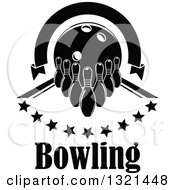 Clipart Of A Blank Black And White Arch Ribbon Banner Over A Bowling Ball Pins And Stars Over Text In An Alley Royalty Free Vector Illustration