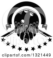 Clipart Of A Blank Black And White Arch Ribbon Banner Over A Bowling Ball Pins And Stars In An Alley Royalty Free Vector Illustration