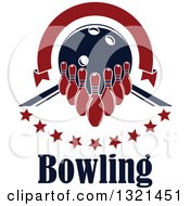 Clipart Of Blank Red Arch Ribbon Banner Over A Bowling Ball Pins And Stars Over Text In An Alley Royalty Free Vector Illustration