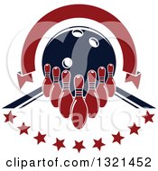 Blank Red Arch Ribbon Banner Over A Bowling Ball Pins And Stars In An Alley