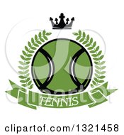 Clipart Of A Green Tennis Ball In A Wreath Over A Text Banner With A Crown Royalty Free Vector Illustration