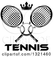 Poster, Art Print Of Black And White Tennis Ball And Crown With Crossed Rackets Over Text