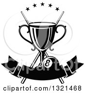 Clipart Of A Black And White Championship Trophy With Crossed Cue Sticks Stars And An Eight Ball Over A Blank Banner Royalty Free Vector Illustration