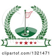 Poster, Art Print Of Golf Ball Flag And Hole In A Wreath Over A Star Banner