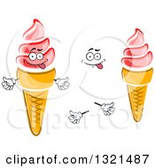 Clipart Of A Cartoon Goofy Face Hands And Pink Strawberry Waffle Ice Cream Cones Royalty Free Vector Illustration