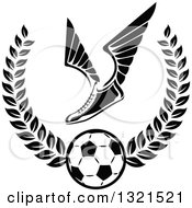 Poster, Art Print Of Black And White Winged Soccer Cleat Shoe Over A Ball In A Wreath