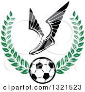 Poster, Art Print Of Winged Soccer Cleat Shoe Over A Ball In A Green Wreath