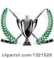 Poster, Art Print Of Black And White Hockey Trophy Over Crossed Sticks In A Green Laurel Wreath