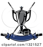 Clipart Of A Black Hockey Trophy Over Crossed Sticks With A Puck And Blank Blue Banner Royalty Free Vector Illustration
