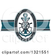 Poster, Art Print Of Blue Nautical Oval Rope Frame With An Anchor And Ship Helm
