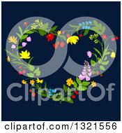 Clipart Of A Floral Heart Shaped Wreath On Navy Blue Royalty Free Vector Illustration