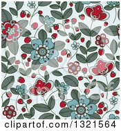 Poster, Art Print Of Seamless Background Pattern Of Doodled Strawberry Blossoms Plants And Berries Over Blue 2