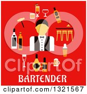 Flat Design Of A Male Bartender With Accessories Over Text On Red