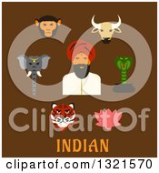 Poster, Art Print Of Flat Design Indian Man With Animals And A Lotus Flower Over Text On Brown