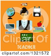 Poster, Art Print Of Flat Design Of A Female Teacher With Accessories Over Text On Orange
