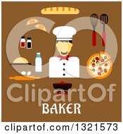 Flat Design Of A Male Baker With Food Over Text On Brown
