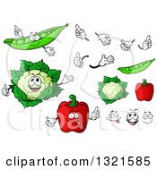 Cartoon Pea Cauliflower And Red Bell Pepper Characters Faces And Hands