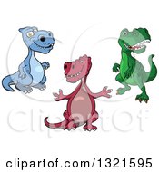 Poster, Art Print Of Cartoon Blue Red And Green Tyrannosaurus Rex Dinosaurs