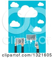 Flat Design Cloud Server With People Using A Computer Tablet And Smart Phone Over Blue With Binary
