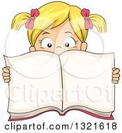 Poster, Art Print Of Blond White Girl With Her Hair In Pigtails Holding Open And Showing A Book