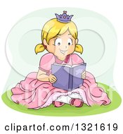 Poster, Art Print Of Happy Blond White Girl In A Princess Costume Sitting In Grass And Reading A Book