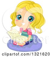 Poster, Art Print Of Happy Blond White Girl Sitting On A Cushion And Reading A Book