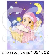Clipart Of A White Girl Touching A Star And Reading In Bed In The Night Sky Royalty Free Vector Illustration