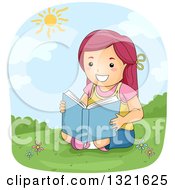 Poster, Art Print Of Happy Red Haired White Girl Reading On A Hill On A Sunny Day