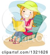 Happy Red Haired White Girl Sitting On A Beach Chair And Reading