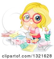 Clipart Of A Happy Blond White Girl Wearing Glasses And Reading Love Letters On The Floor Royalty Free Vector Illustration by BNP Design Studio