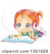 Clipart Of A Happy Red Haired White Girl Resting On The Floor And Listening To An Audio Book Royalty Free Vector Illustration