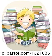 Clipart Of A Happy Blond White Boy Reading In A Circle Of Stacked Books Royalty Free Vector Illustration by BNP Design Studio