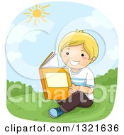 Poster, Art Print Of Happy Blond White Boy Reading On A Hill On A Sunny Day