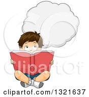 Clipart Of A Thinking Brunette White Boy Sitting On The Floor And Reading A Book Royalty Free Vector Illustration