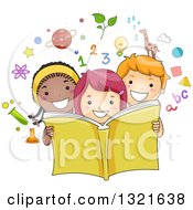 Poster, Art Print Of Happy School Boy And Girls Reading An Educational Book With Science Math Alphabet And Nature Icons