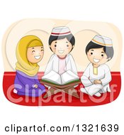 Poster, Art Print Of Happy Muslim Girl And Boys Reading The Quran Together