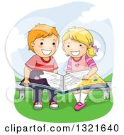 Happy White School Boy And Girl Reading A Book On A Park Bench