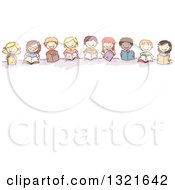Poster, Art Print Of Line Of Happy Sketched Children Reading Books Over Text Space