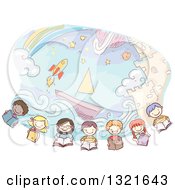 Poster, Art Print Of Row Of Sketched Happy Children Reading Books Under Imaginative Scenes Of A Castle Boat Rocket And Rainbow