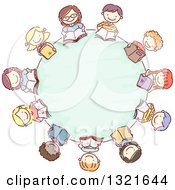 Poster, Art Print Of Sketched Circle Of Happy Children Reading Books Around A Table