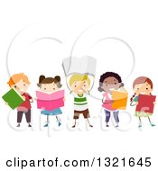Poster, Art Print Of Line Of Happy Children Reading And Holding Up Books