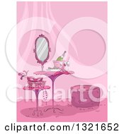 Poster, Art Print Of Pink Table And Stools In A Feminine Room With A Mask And Champagne
