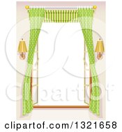 Clipart Of A French Window Opened With Green Polka Dot Roman Shades And Lamps Royalty Free Vector Illustration