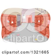 Poster, Art Print Of Messy School Hallway Interior With Red Lockers