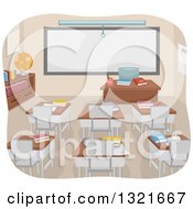 Poster, Art Print Of Empty College Classroom Interior With Books On Desks And A Blank White Board