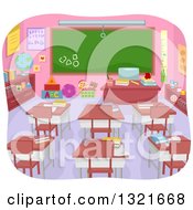 Clipart Of An Empty Preschool Class Room Interior With Books On Desks And A Blank Chalk Board Royalty Free Vector Illustration by BNP Design Studio