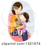 Clipart Of A Happy Brunette White Mother Sitting With Her Daughter And Teddy Bear In Her Lap Royalty Free Vector Illustration by BNP Design Studio