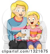 Poster, Art Print Of Happy Blond White Mother Teaching Her Daughter How To Use A Tablet Computer