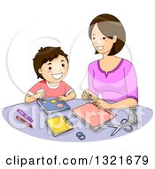 Happy Brunette White Mother And Son Making A Scrapbook
